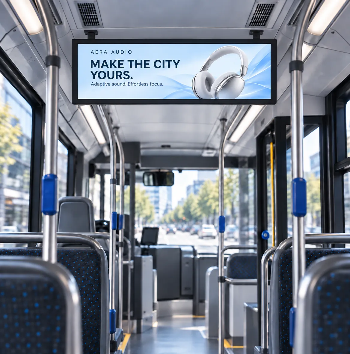 Screen above the aisle of a city bus showing an ad for headphones