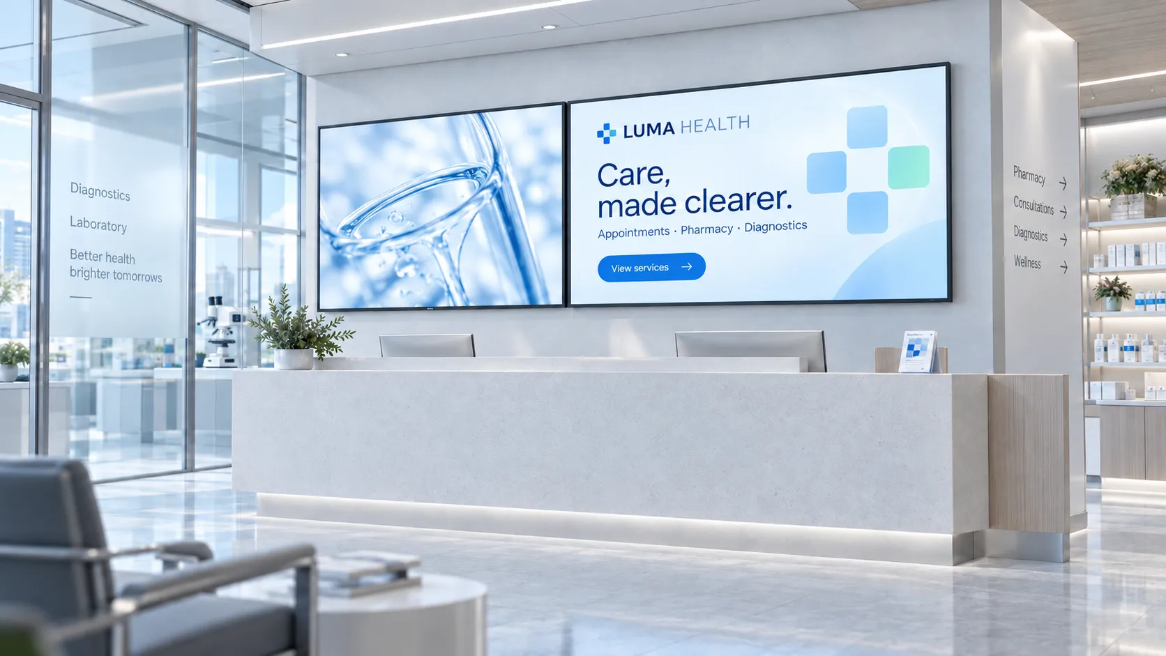 Clinic reception with screens showing a healthcare welcome message