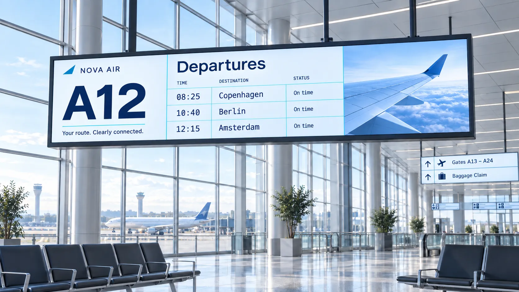 Airport departures board on a large screen